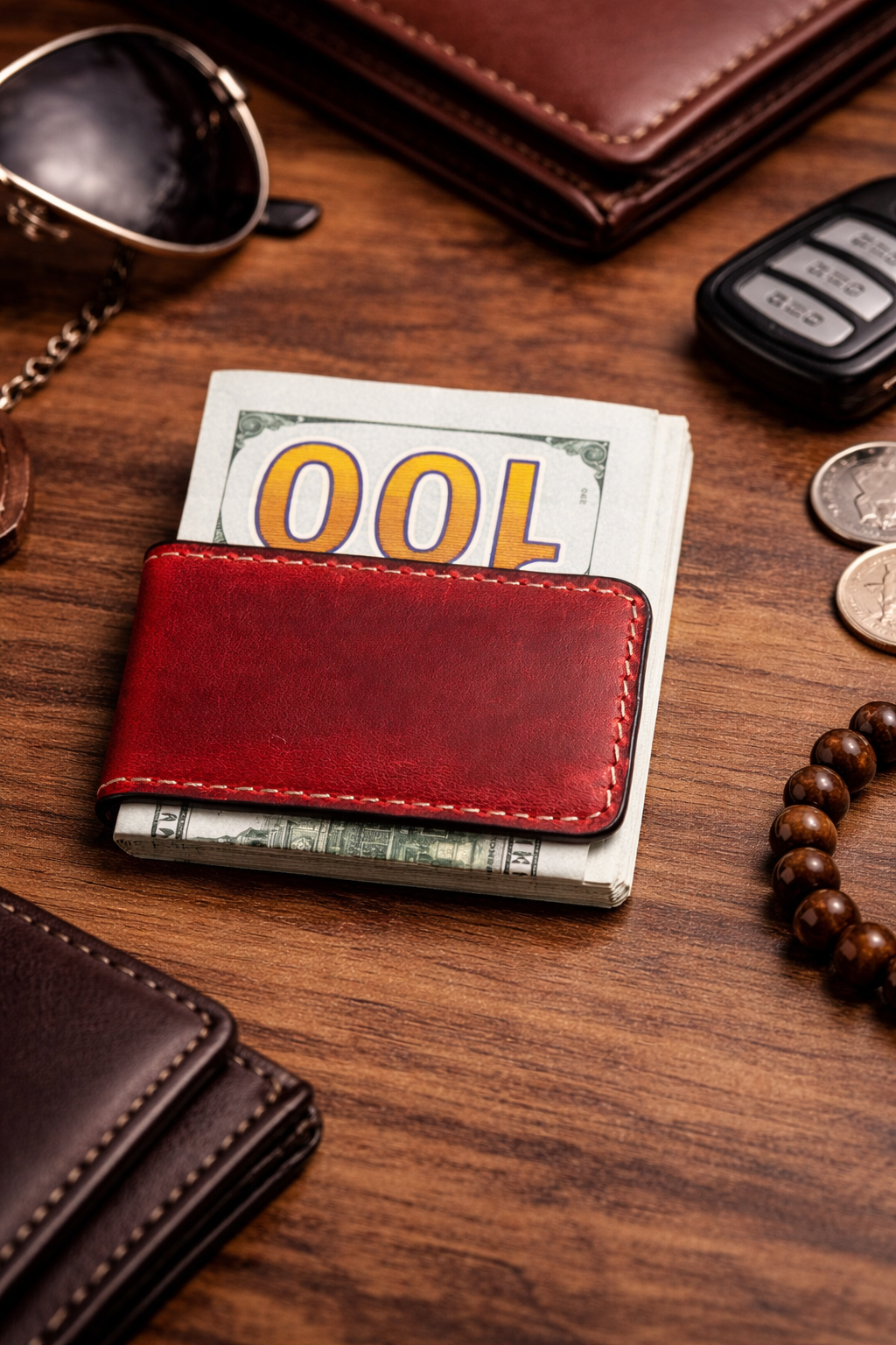 Leather Money Clip wallet: Light Brown