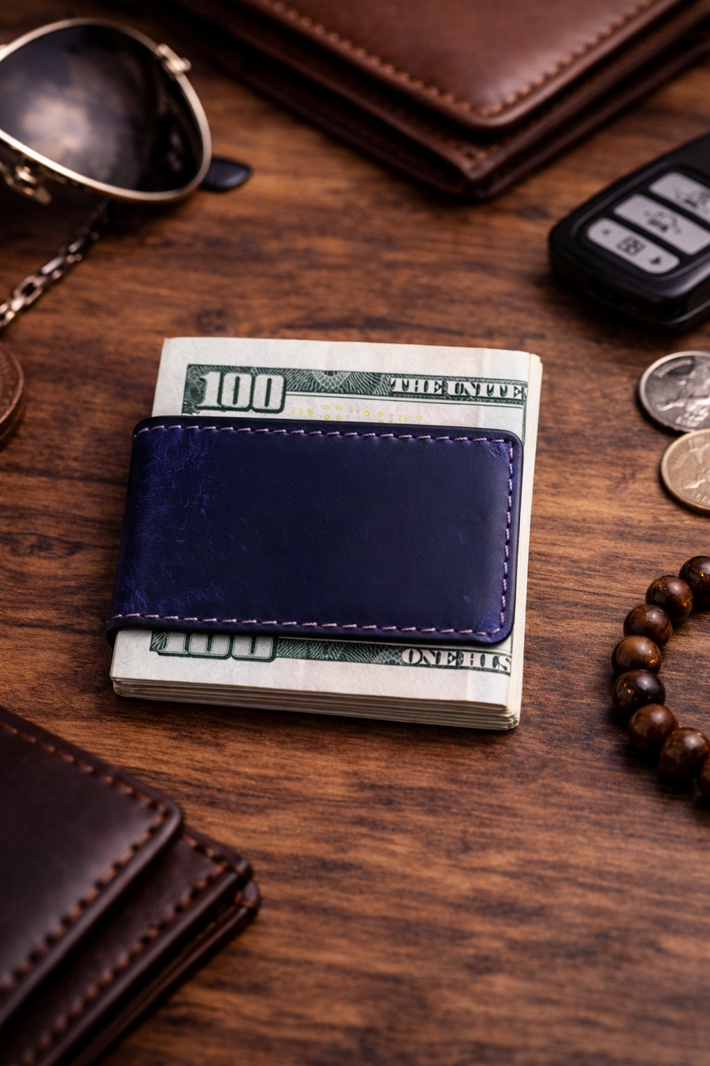 Leather Money Clip wallet: Light Brown