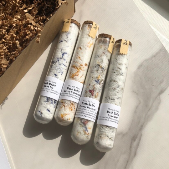 Hera By Hera Bath and Body - 4 Test Tube Bath Salts Gift Set, 1.5 oz each, ready to gift, Holiday Gift, Stocking Stuffer