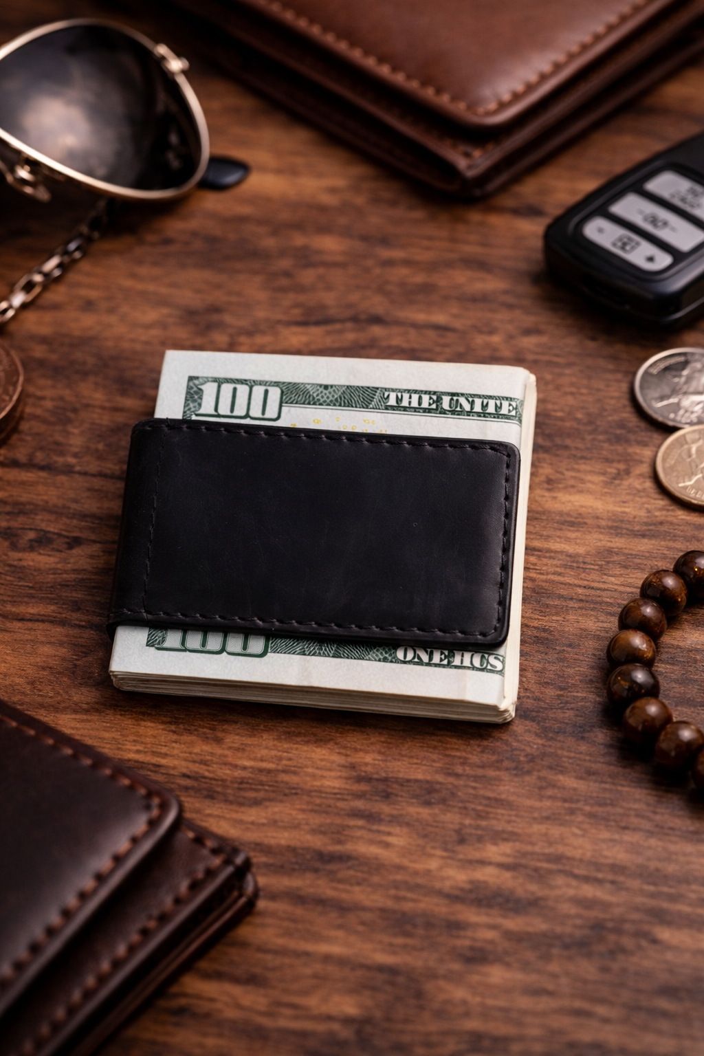 Leather Money Clip wallet: Light Brown
