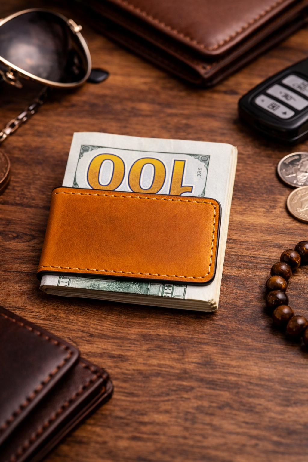 Leather Money Clip wallet: Light Brown