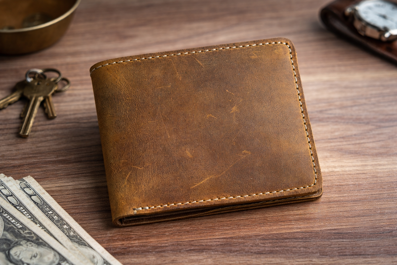 Men’s Leather Bifold Wallet: Brown