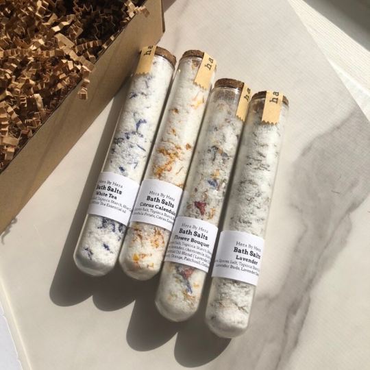 Hera By Hera Bath and Body - 4 Test Tube Bath Salts Gift Set, 1.5 oz each, ready to gift, Holiday Gift, Stocking Stuffer