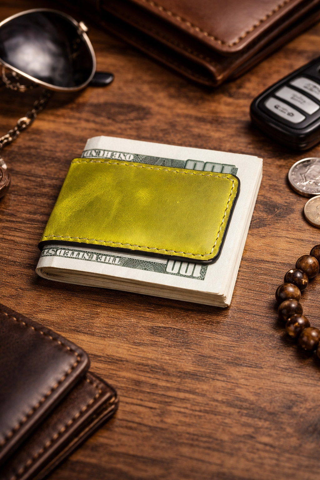 Leather Money Clip wallet: Light Brown