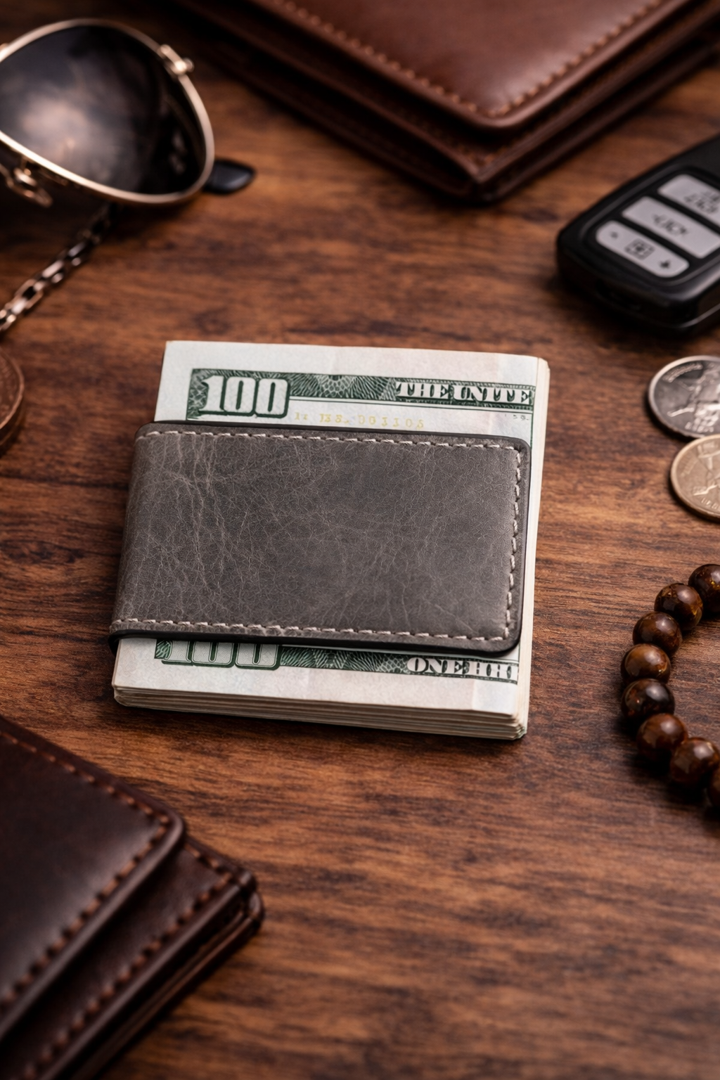 Leather Money Clip wallet: Light Brown
