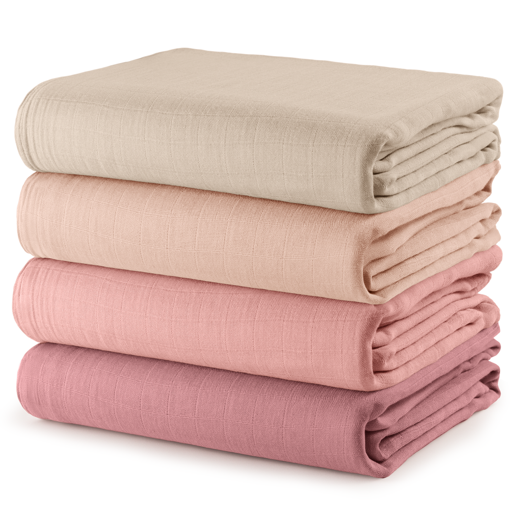 Muslin Swaddle Blankets, Pack of 4: Cream-Blush-Bold Blush-Mauve